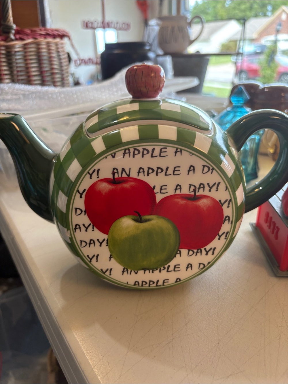 Green Checkered Apple Ceramic Teapot hand-painted by flowers Inc. and balloon